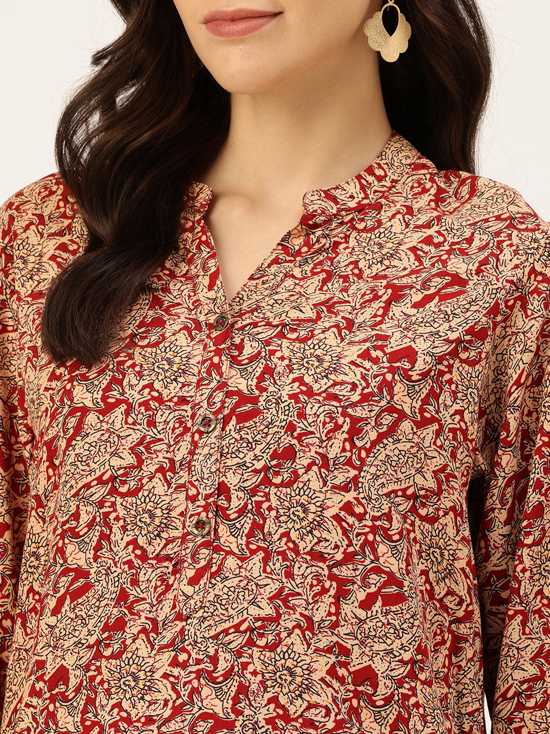 Beige Paisley Printed Mandarin Collar Tunic
