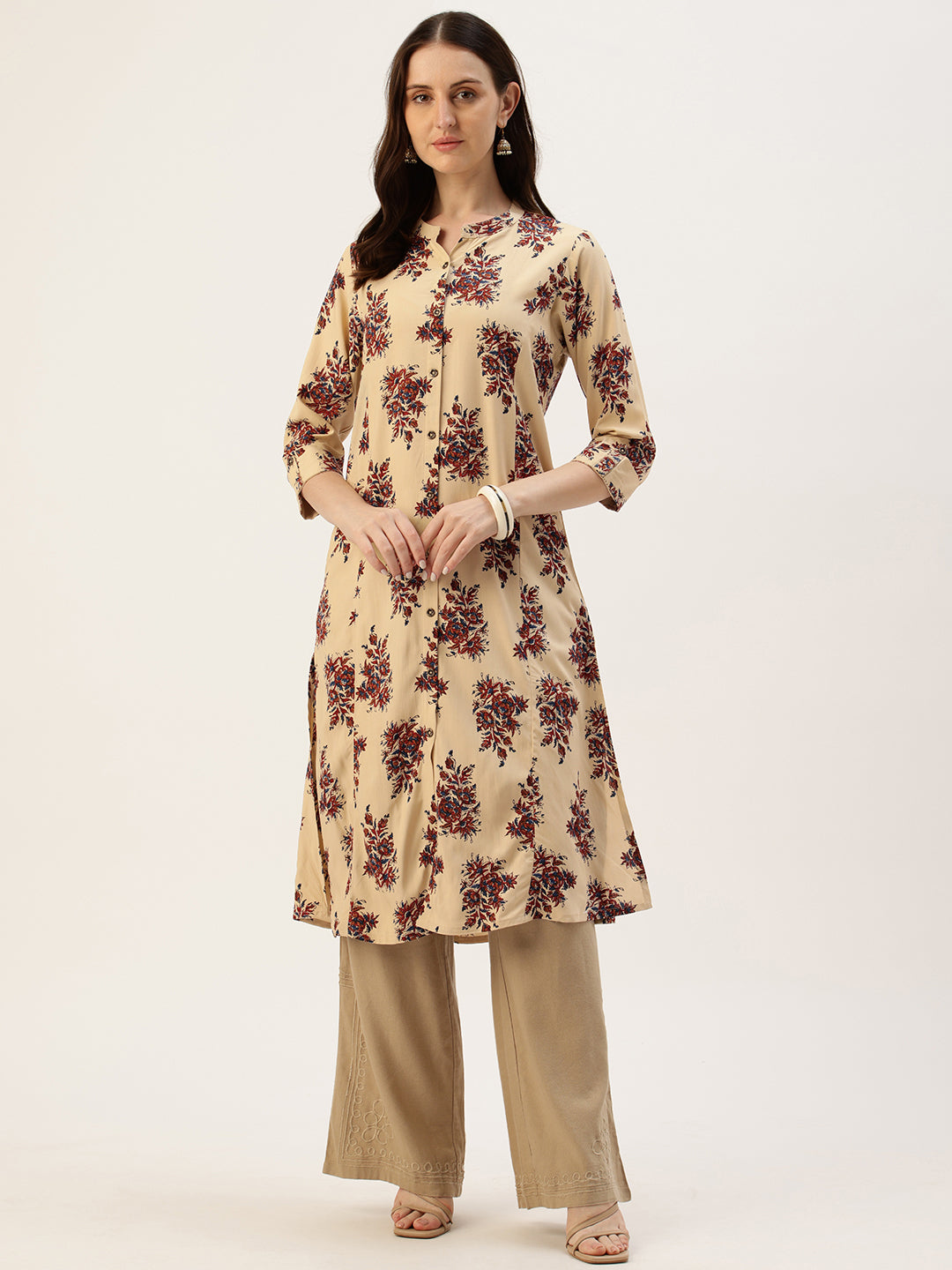 Beige Floral Jaal Printed A-Line Kurta