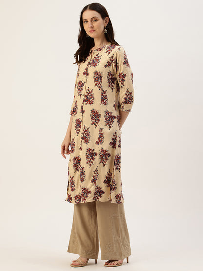 Beige Floral Jaal Printed A-Line Kurta