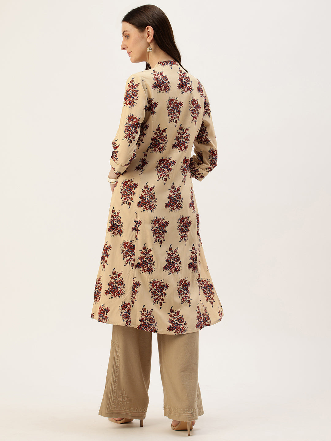 Beige Floral Jaal Printed A-Line Kurta