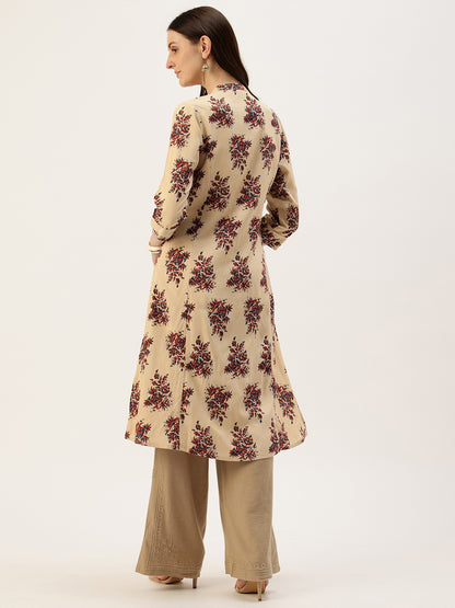Beige Floral Jaal Printed A-Line Kurta