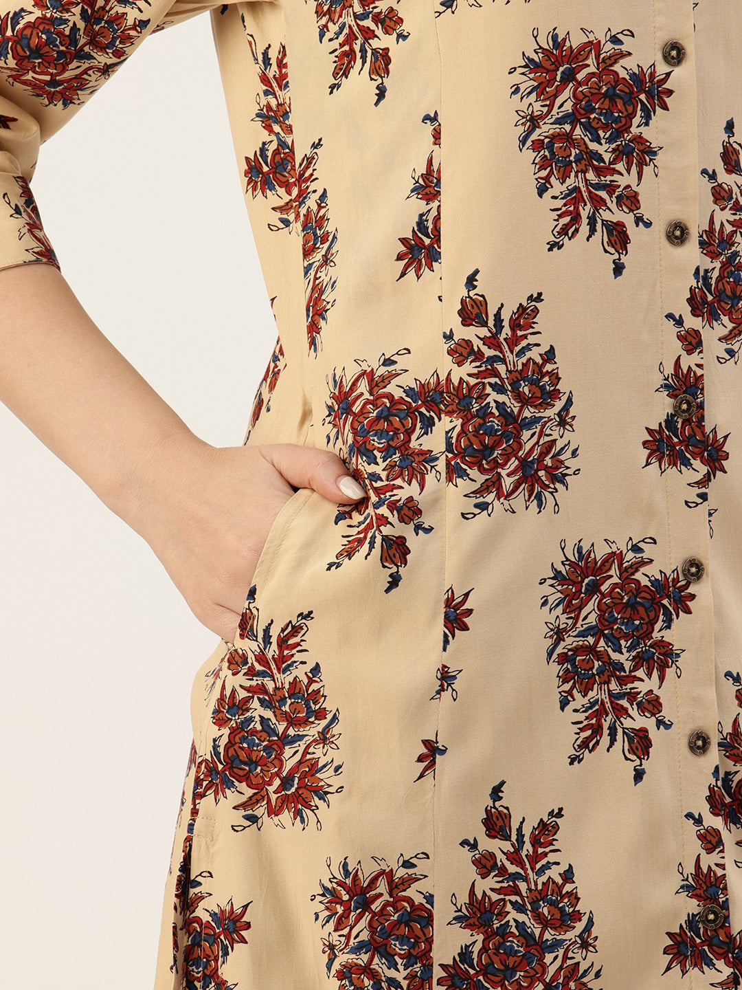 Beige Floral Jaal Printed A-Line Kurta