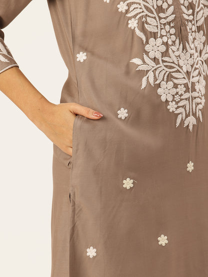 Khaki Floral Embroidered Straight Kurta