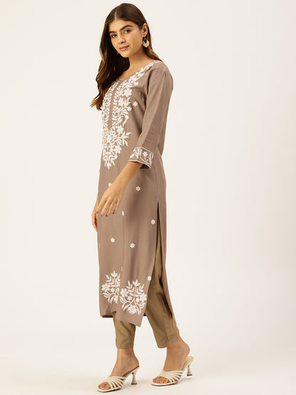 Khaki Floral Embroidered Straight Kurta