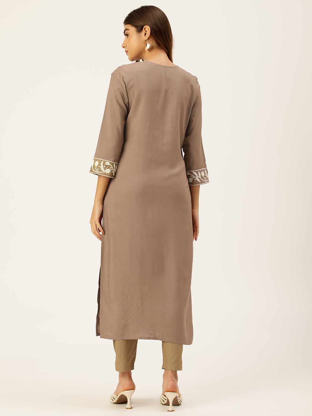 Khaki Floral Embroidered Straight Kurta