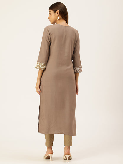 Khaki Floral Embroidered Straight Kurta