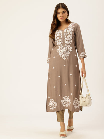 Khaki Floral Embroidered Straight Kurta