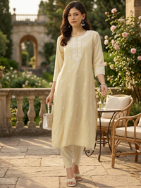 Beige Floral Embroidered Straight Kurta