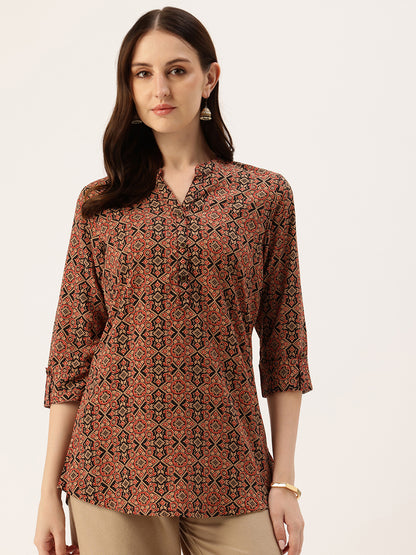 Black & Red Paisley Printed Mandarin Collar Tunic