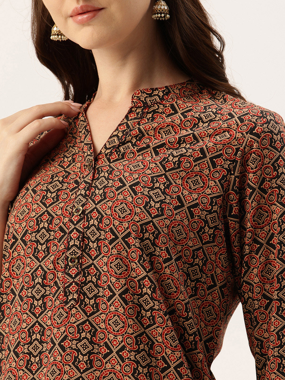 Black & Red Paisley Printed Mandarin Collar Tunic