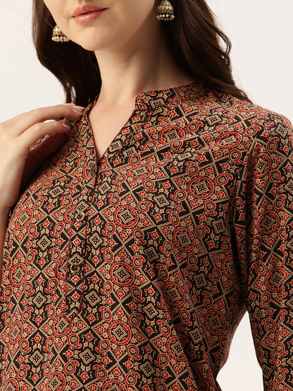 Black & Red Paisley Printed Mandarin Collar Tunic