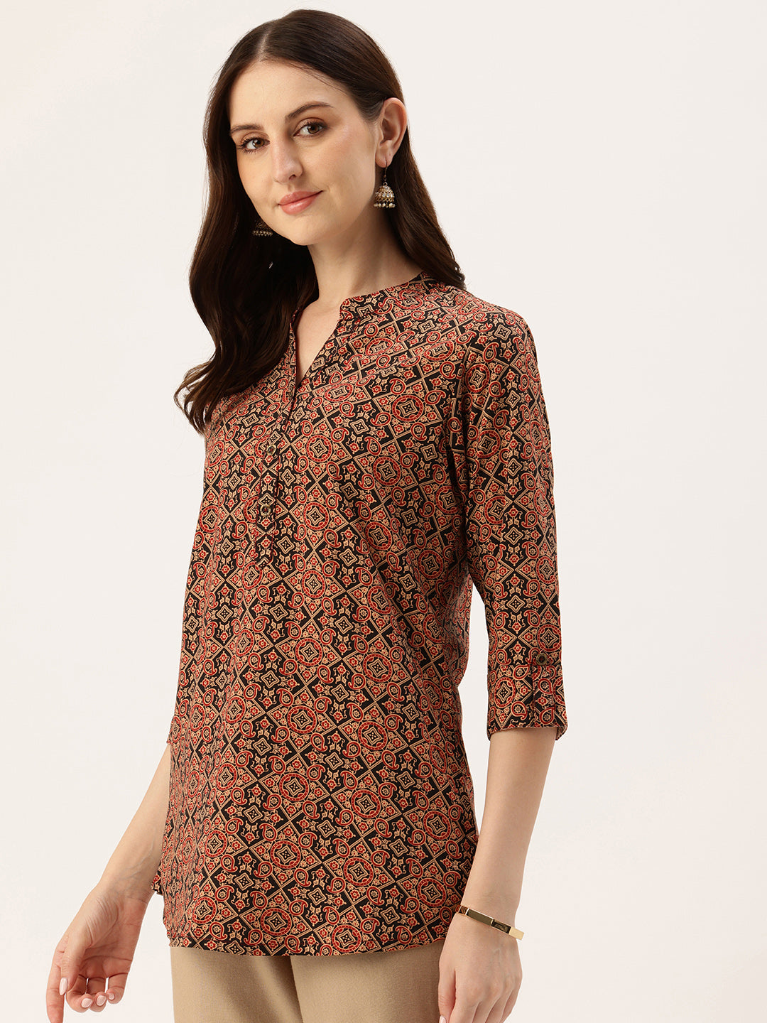 Black & Red Paisley Printed Mandarin Collar Tunic