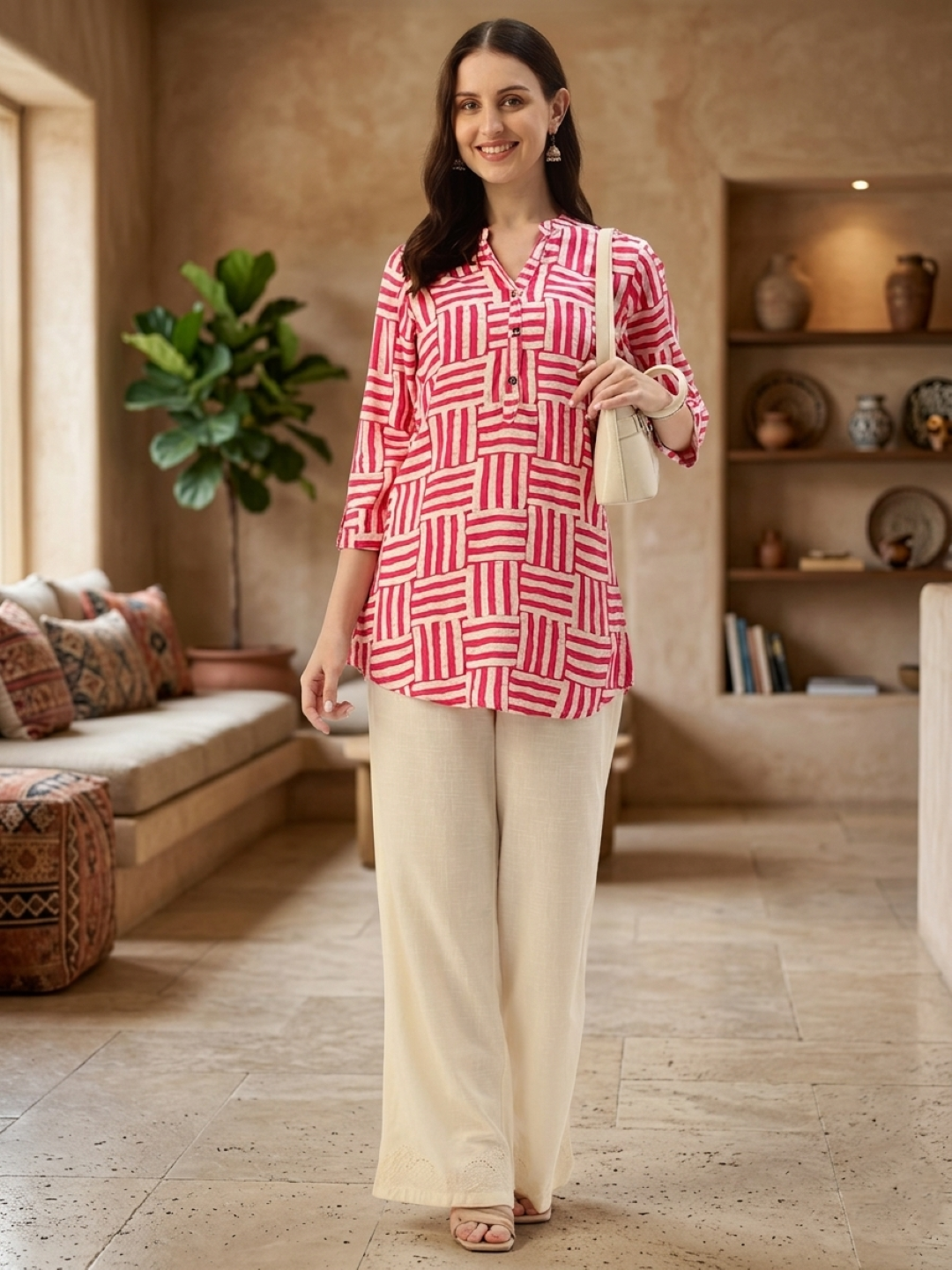 Red Striped Box Printed Mandarin Collar Tunic