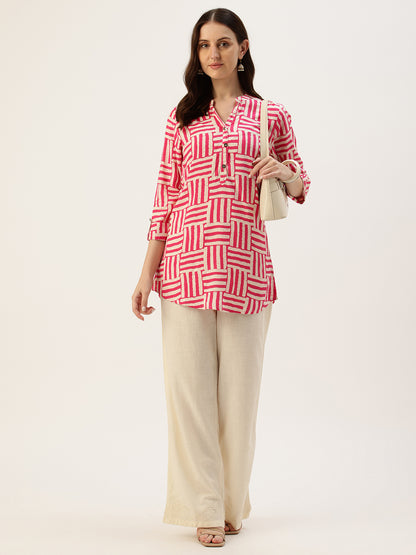 Red Striped Box Printed Mandarin Collar Tunic