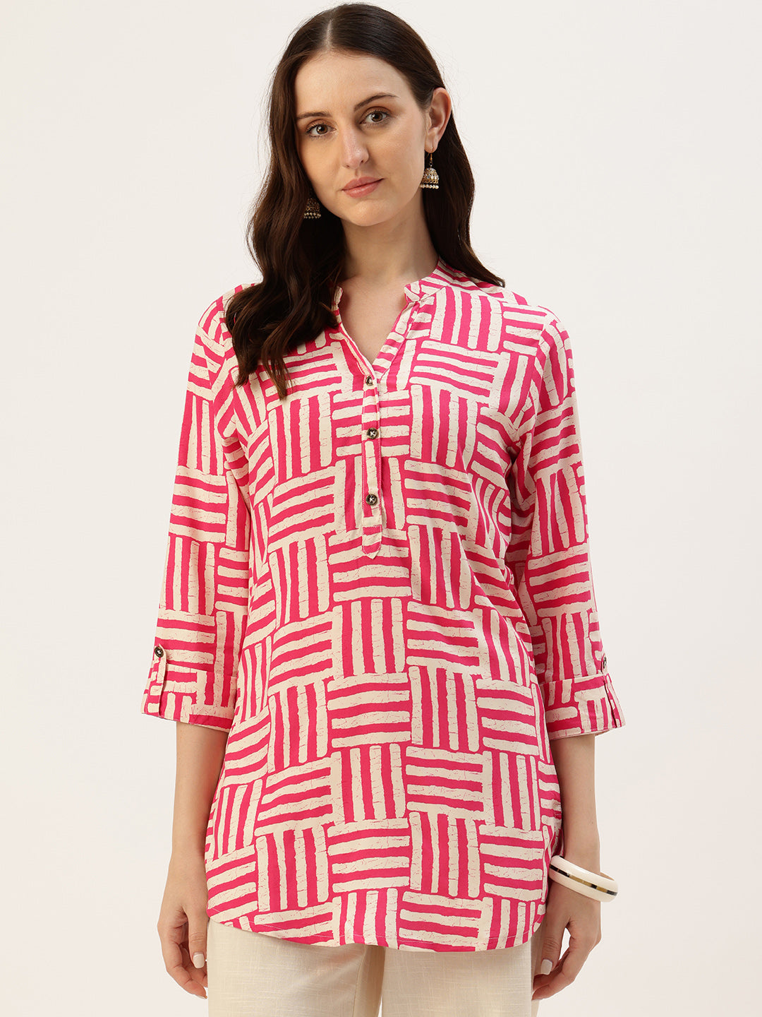 Red Striped Box Printed Mandarin Collar Tunic