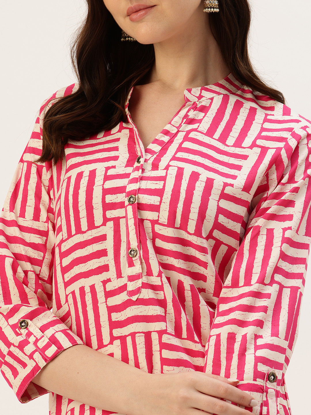 Red Striped Box Printed Mandarin Collar Tunic