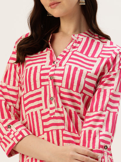 Red Striped Box Printed Mandarin Collar Tunic