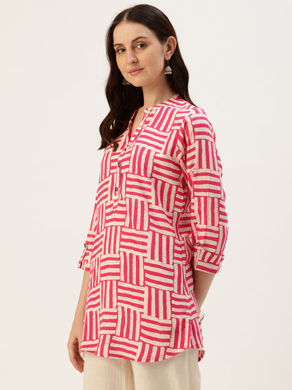 Red Striped Box Printed Mandarin Collar Tunic