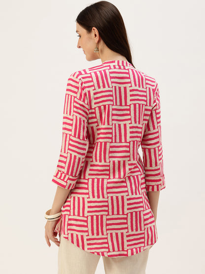 Red Striped Box Printed Mandarin Collar Tunic