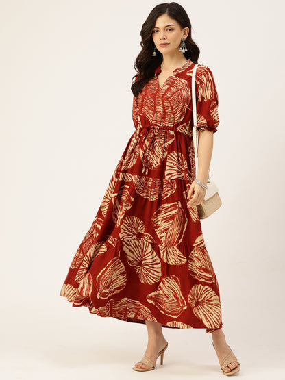 Rust Floral Printed Fit & Flare Midi Tiered Ethnic Dress