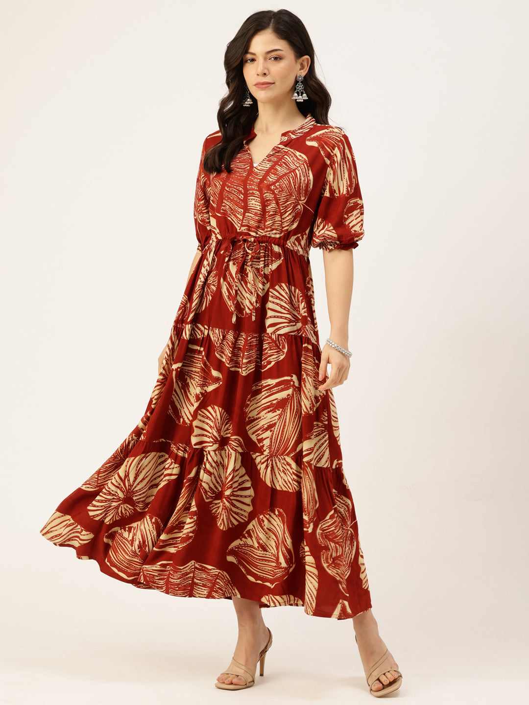 Rust Floral Printed Fit & Flare Midi Tiered Ethnic Dress