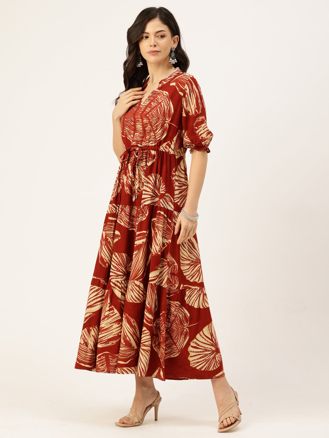 Rust Floral Printed Fit & Flare Midi Tiered Ethnic Dress