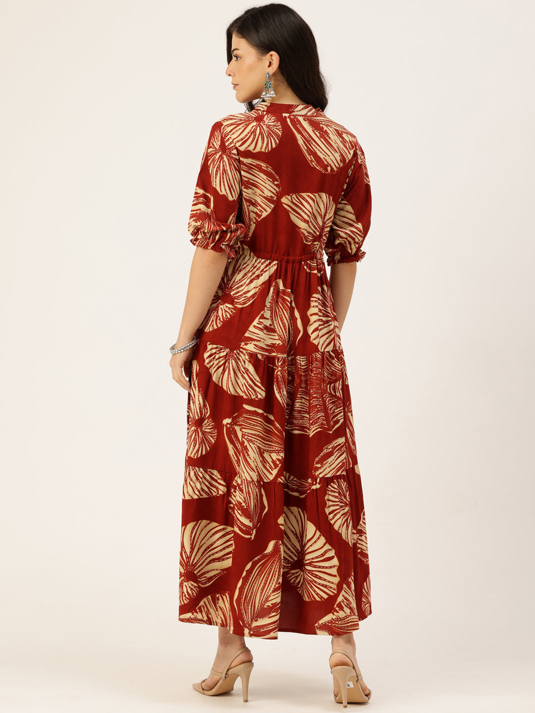 Rust Floral Printed Fit & Flare Midi Tiered Ethnic Dress
