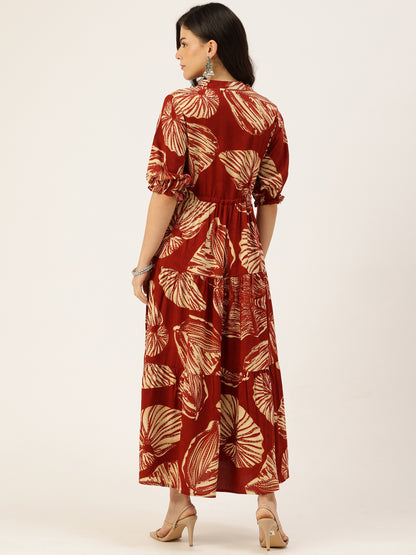 Rust Floral Printed Fit & Flare Midi Tiered Ethnic Dress