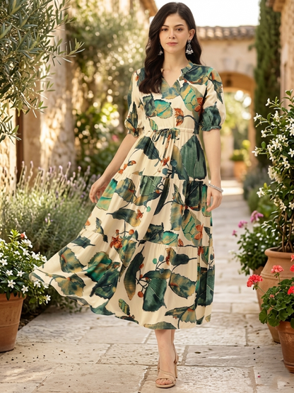 White & Green Floral Printed Fit & Flare Midi Tiered Ethnic Dress