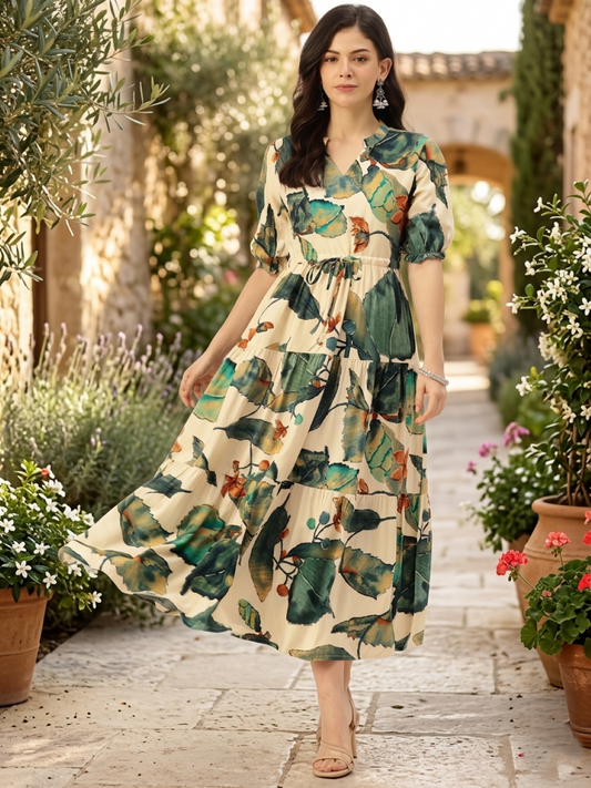 White & Green Floral Printed Fit & Flare Midi Tiered Ethnic Dress