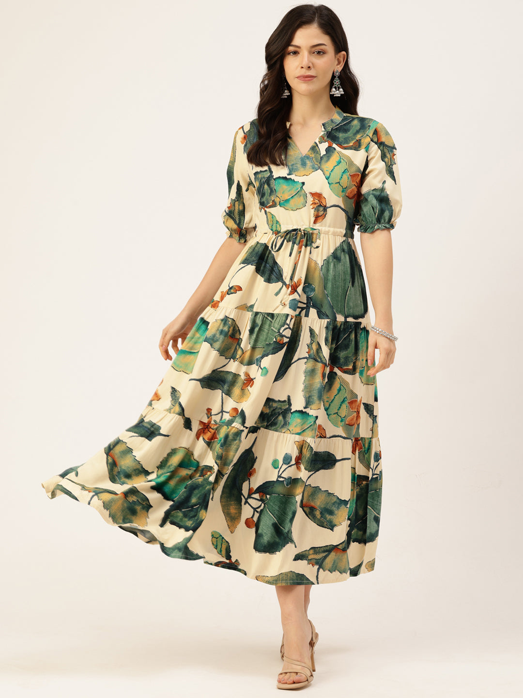 White & Green Floral Printed Fit & Flare Midi Tiered Ethnic Dress