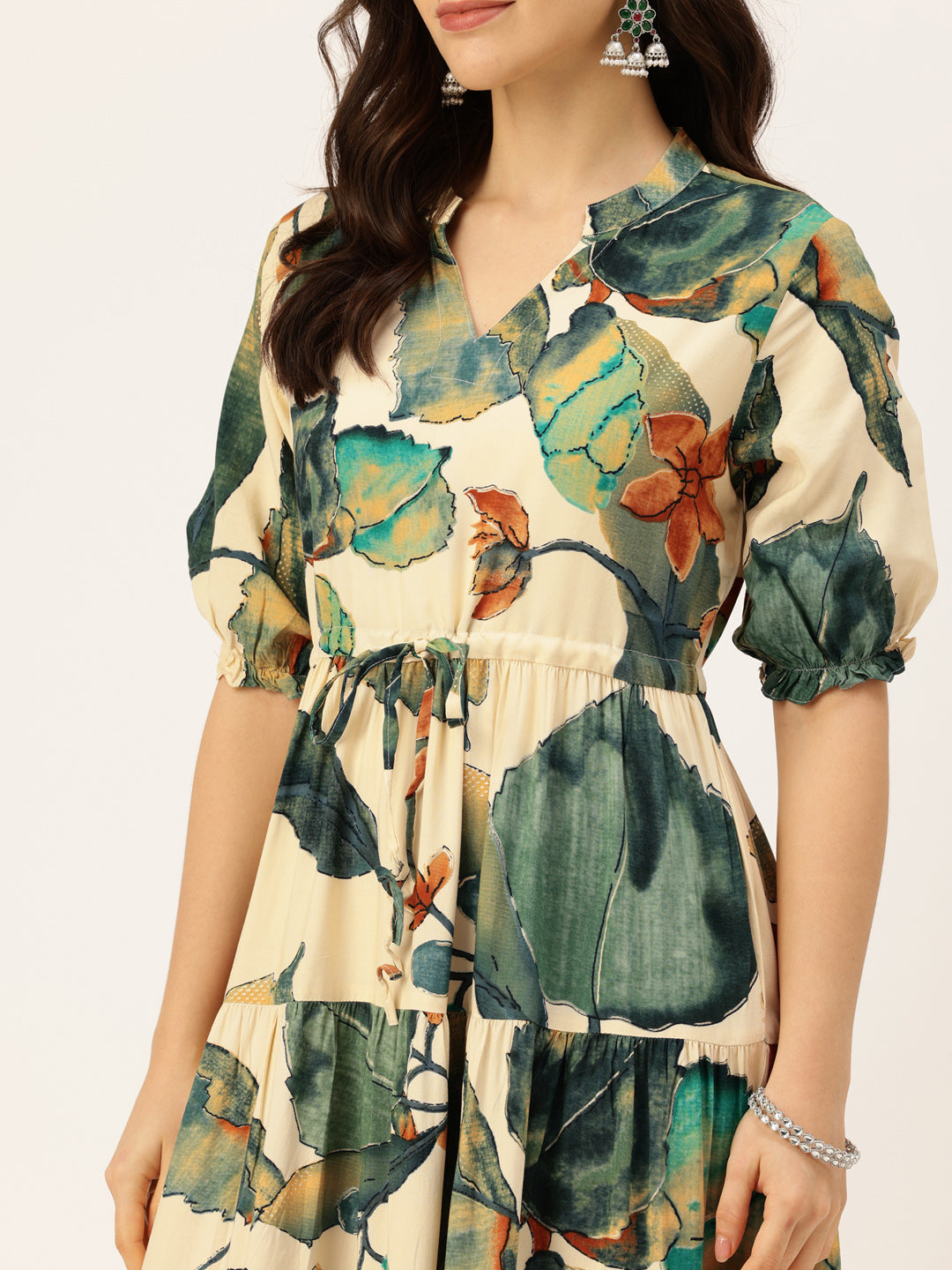 White & Green Floral Printed Fit & Flare Midi Tiered Ethnic Dress