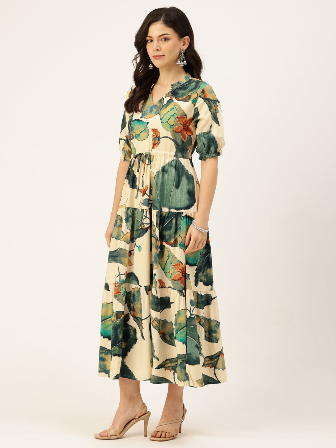 White & Green Floral Printed Fit & Flare Midi Tiered Ethnic Dress
