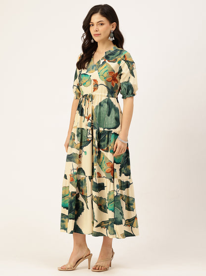 White & Green Floral Printed Fit & Flare Midi Tiered Ethnic Dress