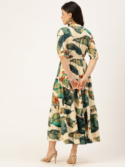 White & Green Floral Printed Fit & Flare Midi Tiered Ethnic Dress