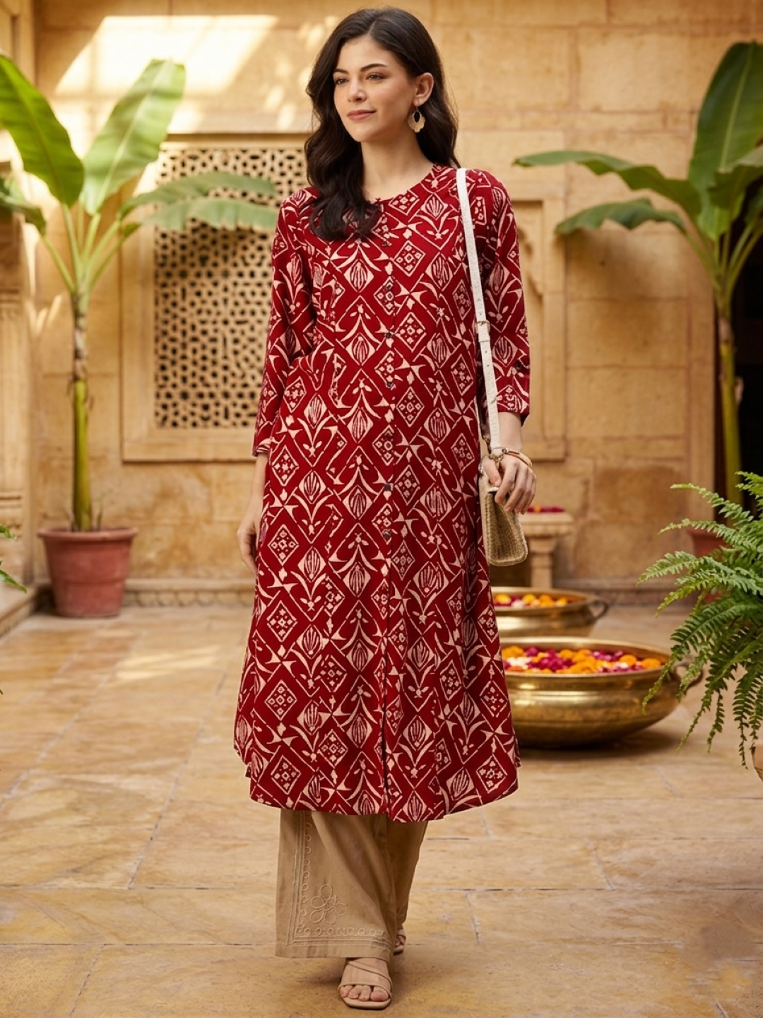 Maroon Geometric Printed Roll-Up Sleeves A-Line Kurta
