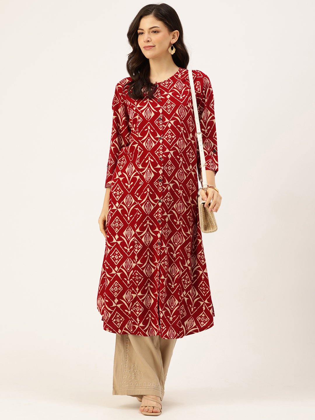 Maroon Geometric Printed Roll-Up Sleeves A-Line Kurta