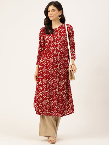 Maroon Geometric Printed Roll-Up Sleeves A-Line Kurta