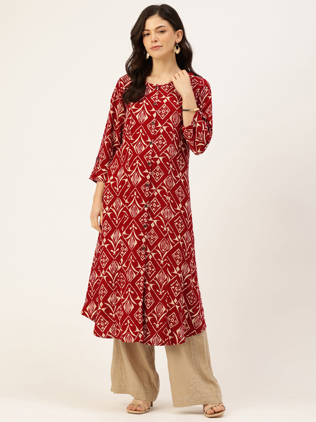 Maroon Geometric Printed Roll-Up Sleeves A-Line Kurta