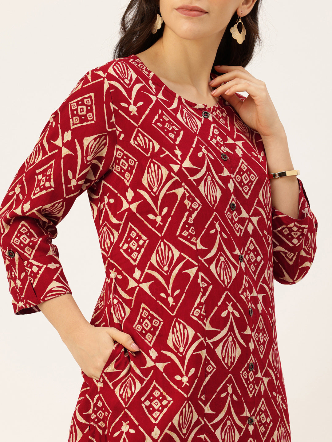 Maroon Geometric Printed Roll-Up Sleeves A-Line Kurta