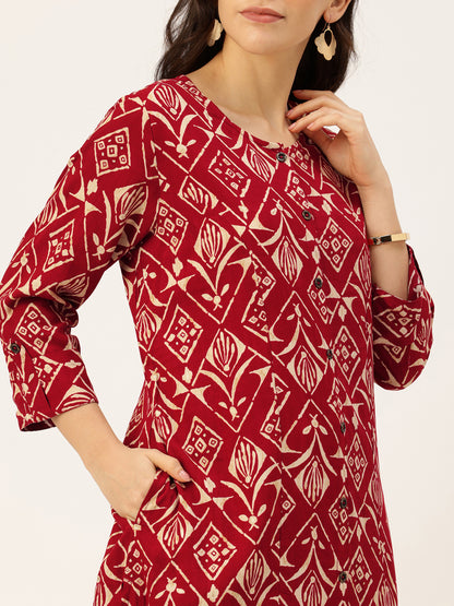 Maroon Geometric Printed Roll-Up Sleeves A-Line Kurta