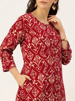 Maroon Geometric Printed Roll-Up Sleeves A-Line Kurta