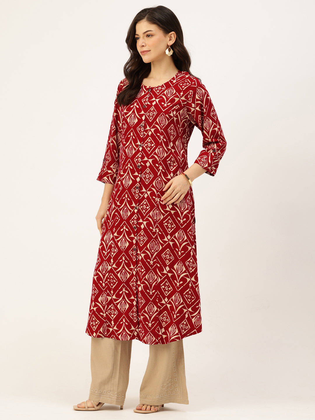 Maroon Geometric Printed Roll-Up Sleeves A-Line Kurta