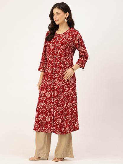 Maroon Geometric Printed Roll-Up Sleeves A-Line Kurta