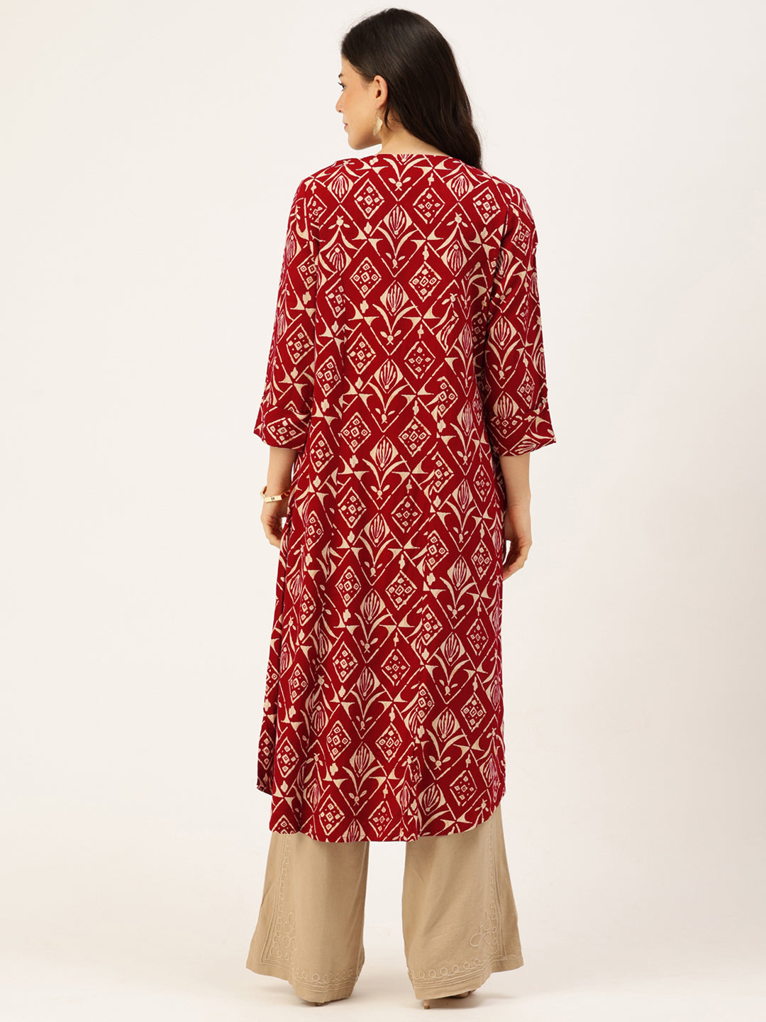 Maroon Geometric Printed Roll-Up Sleeves A-Line Kurta