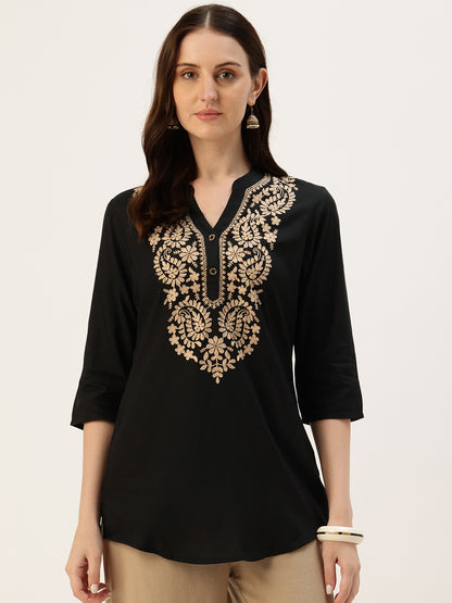 Black With Beige Embroidered Ethnic Tunic