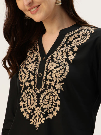 Black With Beige Embroidered Ethnic Tunic
