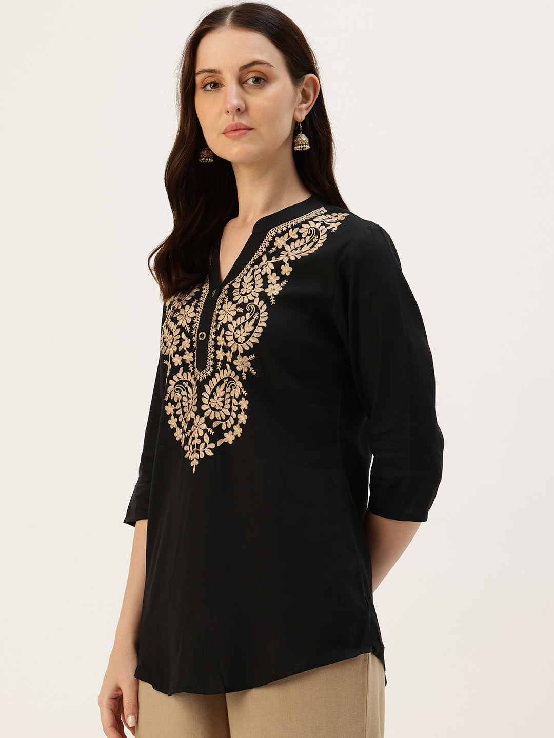 Black With Beige Embroidered Ethnic Tunic