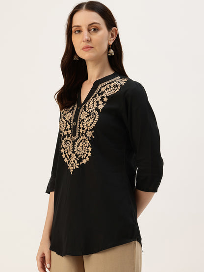 Black With Beige Embroidered Ethnic Tunic