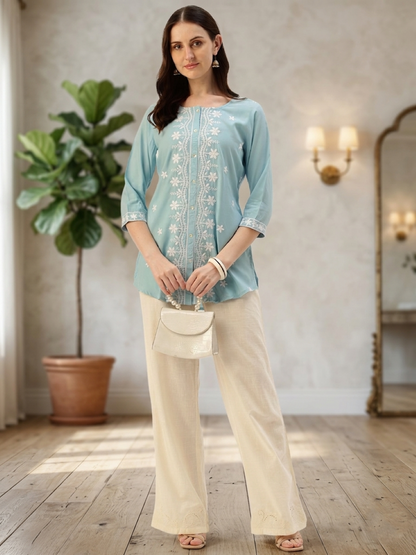 Blue With White Embroidered Ethnic Tunic